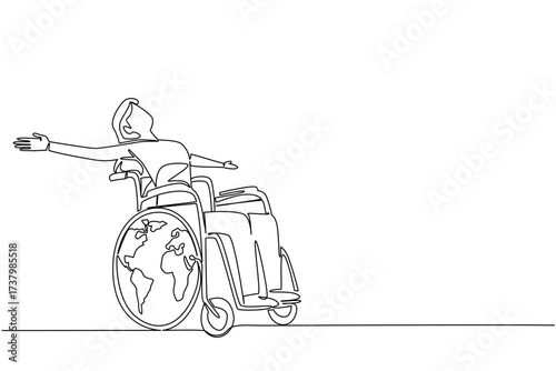 Single continuous line drawing a woman sitting in wheelchair with her arms outstretched. Equality despite differences. Disabled. Global Accessibility Awareness Day. One line design vector illustration