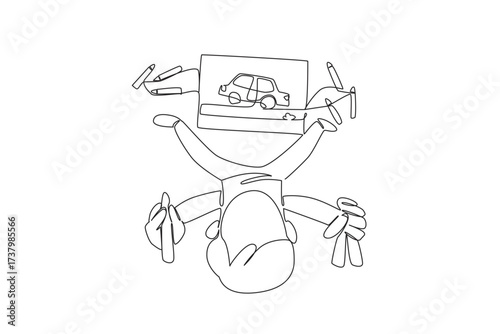 Single continuous line drawing a boy looking up holding a crayon and colorful crayons scattered on the floor. The pride car of family. Favorite toy. Drawing Day. One line design vector illustration