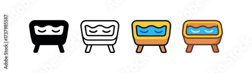 Vector icon water trough four styles black solid glyph outline minimal flat multicolor filled cartoon flat shaded.