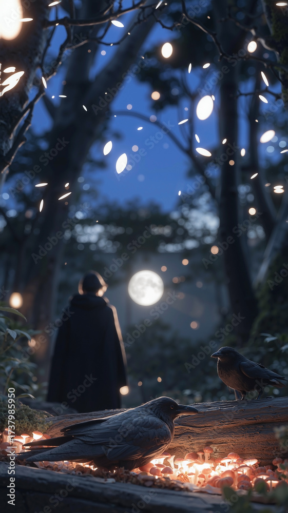 Fototapeta premium Cloaked Figure Walking Through Enchanted Dark Fantasy Forest at Night, Observed by Crows on Tree Trunk, Under Eerie Moonlight, Evoking Gloomy Mystery and Magic