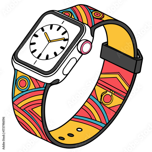 Colorful smartwatch with abstract geometric strap design
