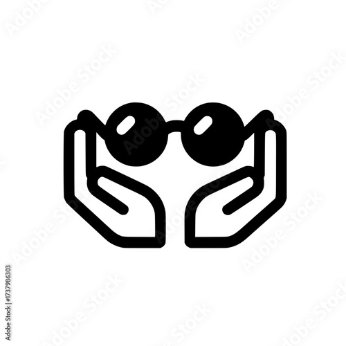 Eyeglasses icon hovering above two open hands in flat vector style isolated on white background
