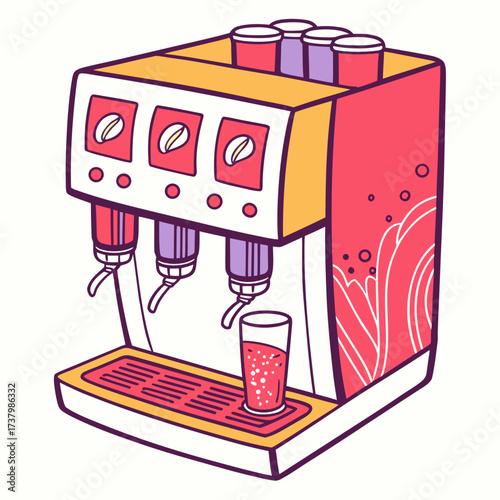 Colorful soda fountain machine with drink dispenser