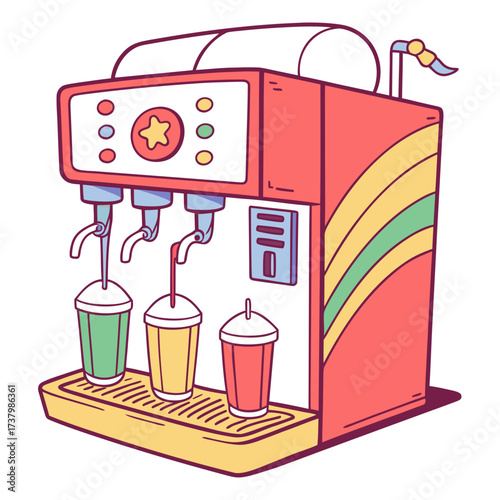 Colorful soda fountain machine dispensing drinks into cups