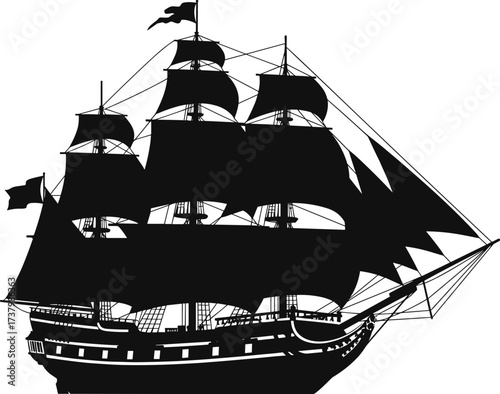 Historic sailing ship silhouette with full sails, rigging, and gun ports on white background for nautical, vintage, and maritime design