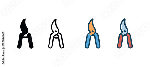 Vector icon vineyard pruner four styles black solid glyph outline minimal flat multicolor filled cartoon flat shaded.