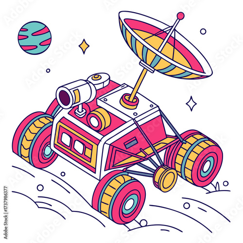 Colorful space rover with satellite dish on alien planet