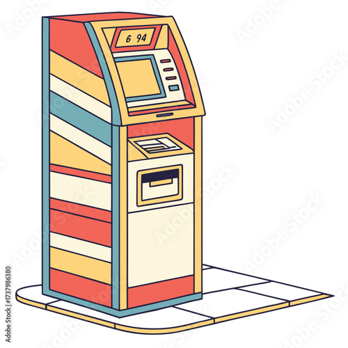 Colorful striped A T M machine on tiled floor cash machine
