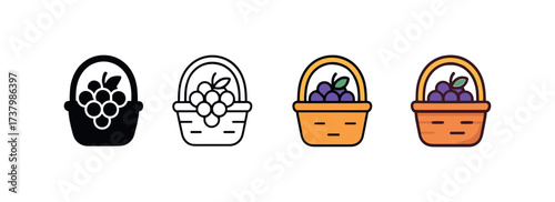 Vector icon grape harvesting basket four styles black solid glyph outline minimal flat multicolor filled cartoon flat shaded.