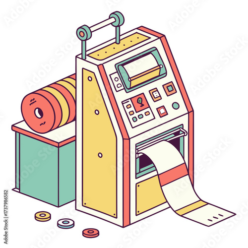 Colorful ticket printing machine with stacked rolls and coins