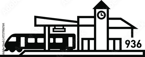 Stylized illustration of a train station with a clock tower