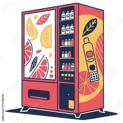 Colorful vending machine with citrus fruit graphics