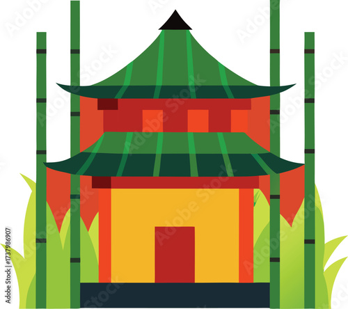 Traditional chinese courtyard house surrounded by a lush bamboo forest