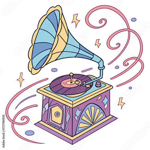 Colorful vintage gramophone with swirling lines and stars