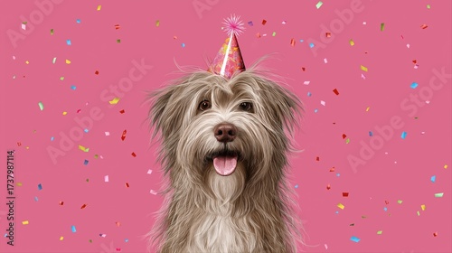 Happy fluffy dog with party hat and colorful confetti on pink background