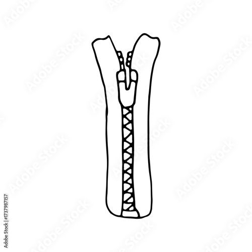 A zipper is a type of fastener used to quickly connect clothing parts. Doodle. Vector illustration. Hand drawn. Outline.