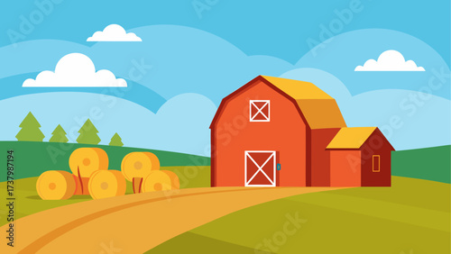 Illustration of a farm with barn and bales