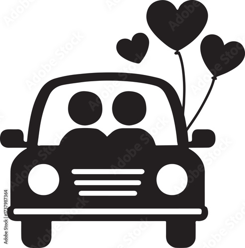   Couple in car with heart balloons, romantic ride perfect for Valentine’s, love, and celebration.