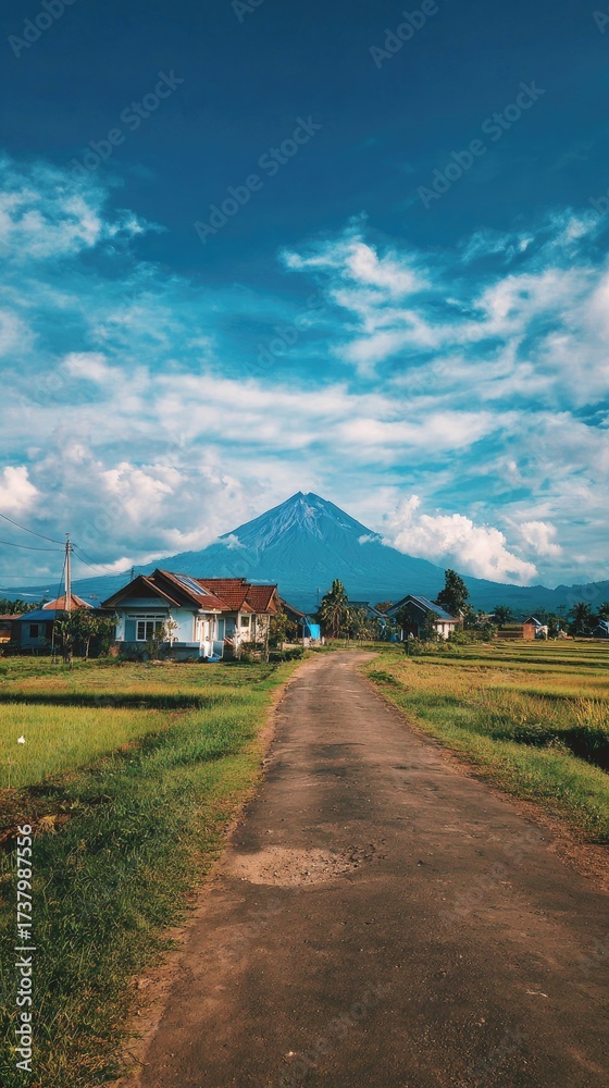 Fototapeta premium Mountain view with houses, road, and fields under a cloudy, blue sky