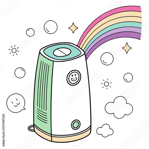 Cute air purifier with rainbow and bubbles illustration