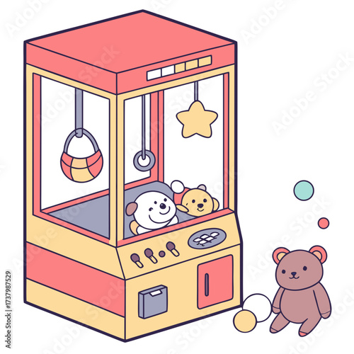 Cute cartoon claw machine with teddy bears and toys