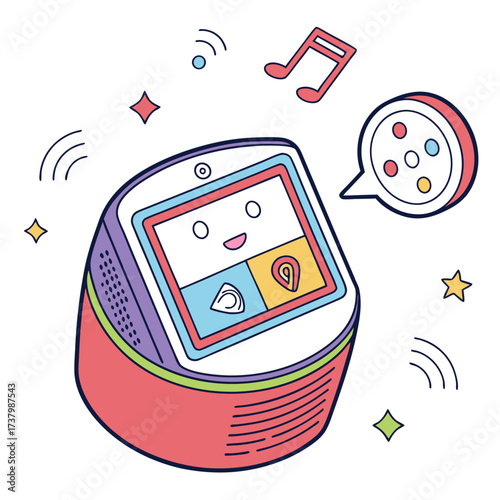 Cute cartoon smart speaker with happy face and music notes
