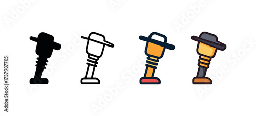 Vector icon tamping rammer four styles black solid glyph outline minimal flat multicolor filled cartoon flat shaded.