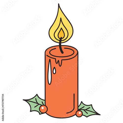 A burning orange candle is adorned with holly, adding a festive touch against transparent backdrop
