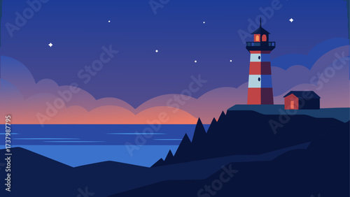 Lighthouse scene at dusk with ocean view