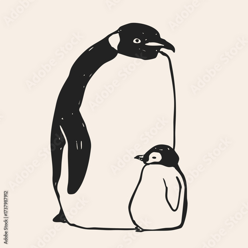 King imperial Penguin with chick. Standing penguin. Cute adorable black and white bird. Hand drawn modern Vector illustration. Isolated design element. Sticker, logo, print template