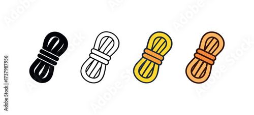 Vector icon rope coil four styles black solid glyph outline minimal flat multicolor filled cartoon flat shaded.