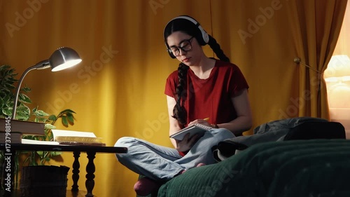 Young Caucasian female student sitting at home desk with laptop and notebooks, studying in evening room with warm light, concept of remote learning and university preparation. Mid shot