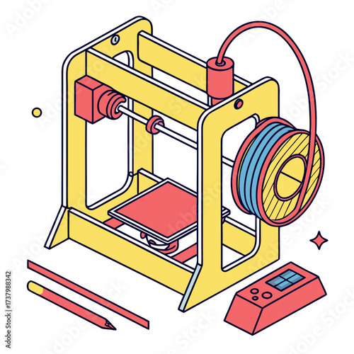 Isometric 3d printer with filament and pencils spool