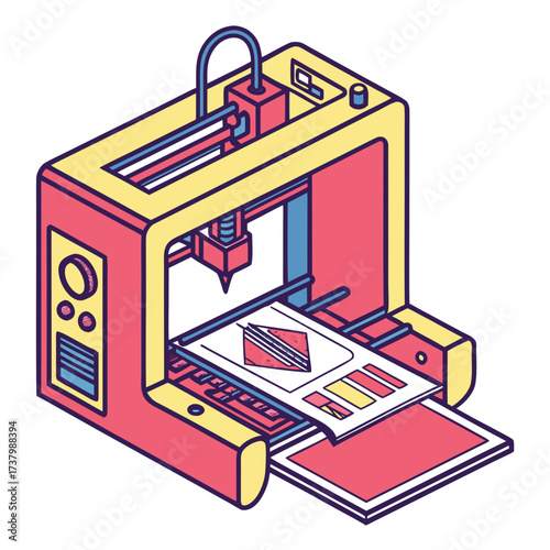 Isometric 3d printer with red yellow blue design additive manufacturing