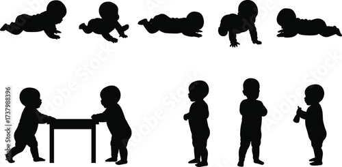 Baby development silhouette showing crawling, standing, and interaction stages — early childhood growth, physical milestones, and toddler progression vector.