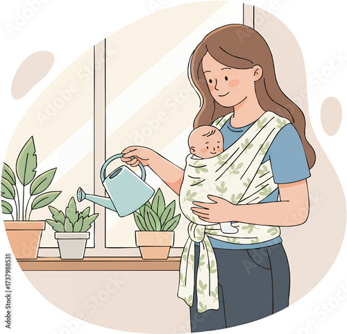 Mother waters houseplants by the window while holding her baby in a sling, creating a cozy and nurturing scene at home.
