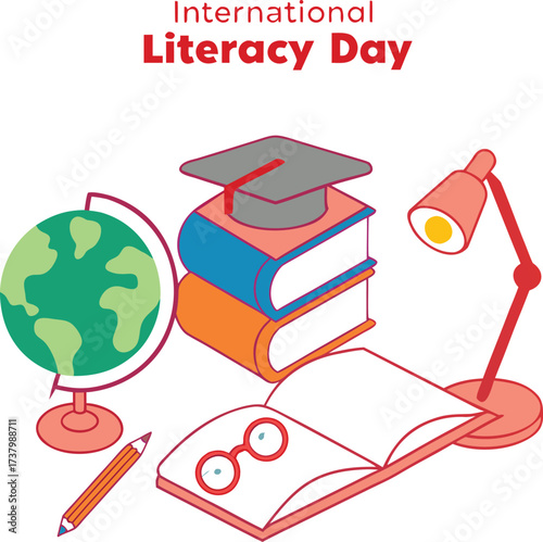 Celebrating International Literacy Day with Books, Globe, and Graduation Cap