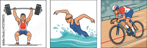Athletes participating in weightlifting, swimming, and cycling events showcase their strength, endurance, and speed in a competitive setting, symbolizing dedication and achievement.