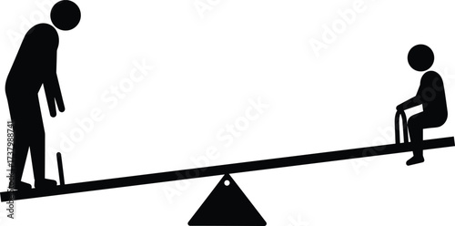 Silhouette seesaw balance with big and small figures showing weight difference leverage physics equilibrium childhood play concept vector illustration