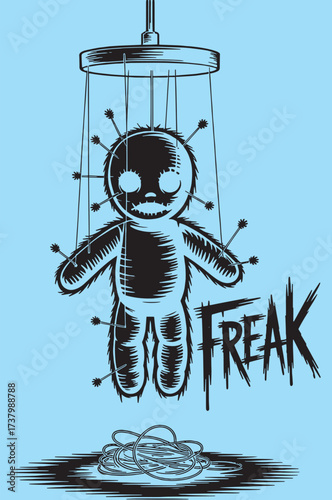 Streetwear Horror Puppet T-Shirt Design – Red Voodoo Doll with “FREAK”