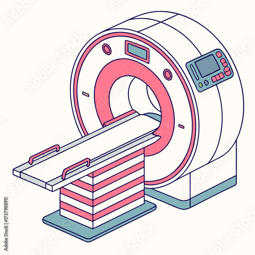 Medical M R I scanner with pink and blue accents MRI scanner