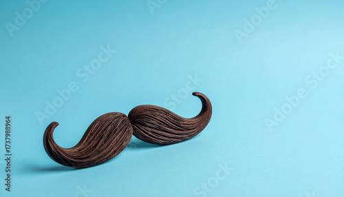 Brown mustache side view on a blue background. Copy space for text. movember. Man's health. Men support.
