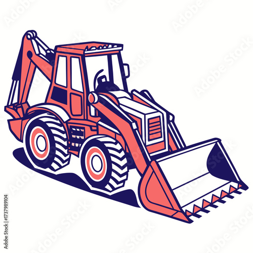 Orange and blue backhoe loader illustration construction equipment