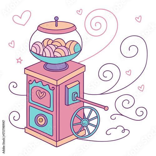 Pastel colored cartoon cotton candy machine with hearts
