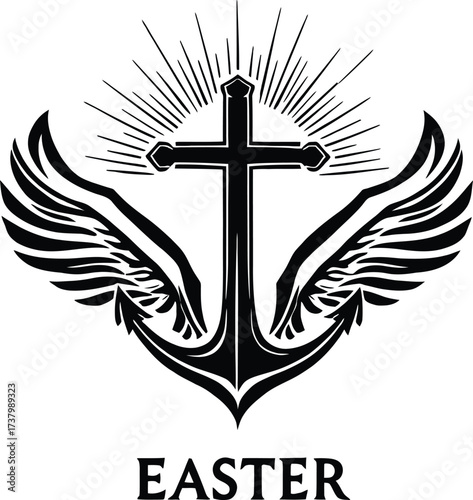 Easter Symbol Silhouette Vector Featuring Cross, Wings, Anchor, Radiant Lines, and Bold Text in Black Line Art Style