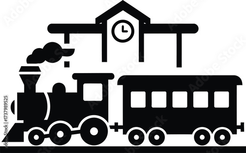 Vintage steam train arriving at a station with clock