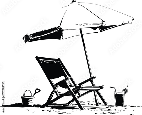 Beach Relaxation Silhouette Vector Featuring Chair, Umbrella, Bucket, Shovel, Drink, and Sand in Black Line Art Style