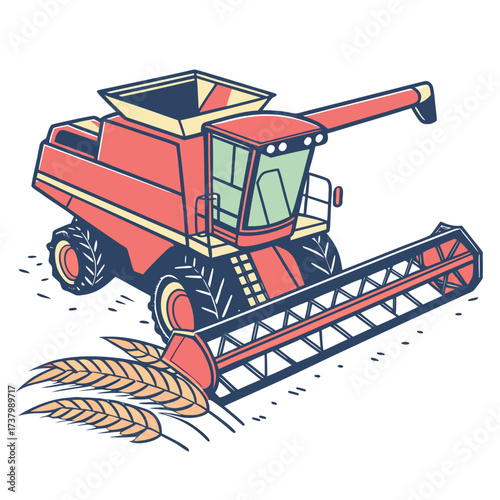 Red and blue combine harvester cutting wheat stalks
