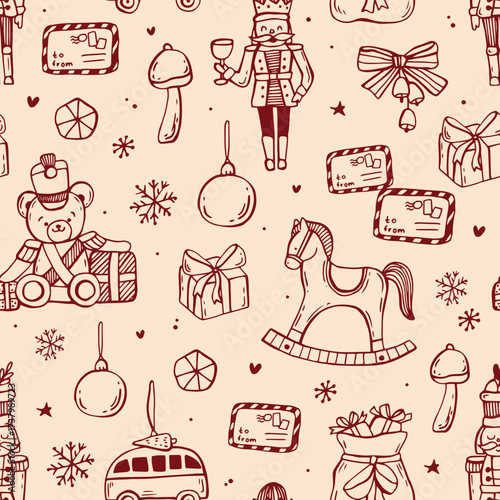 Vintage Christmas whimsical seamless pattern in red color. Line art hand drawn coquette illustrations.