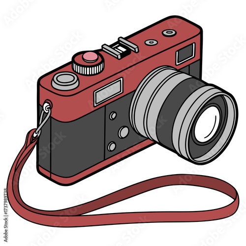 Red and black digital camera with lens and strap red camera